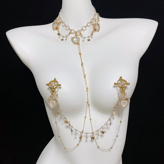 Luxury Gold Body Chain Harness with Sexy Nipple Clamps Bondage Set