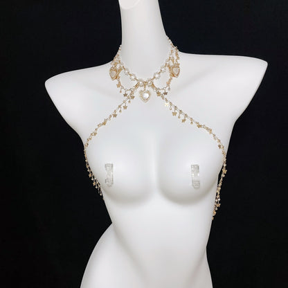 Luxury Gold Body Chain Harness with Sexy Nipple Clamps Bondage Set