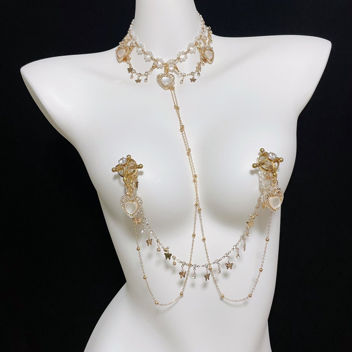 Luxury Gold Body Chain Harness with Sexy Nipple Clamps Bondage Set