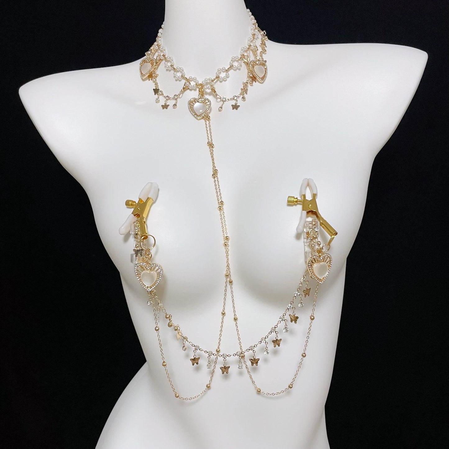 Luxury Gold Body Chain Harness with Sexy Nipple Clamps Bondage Set