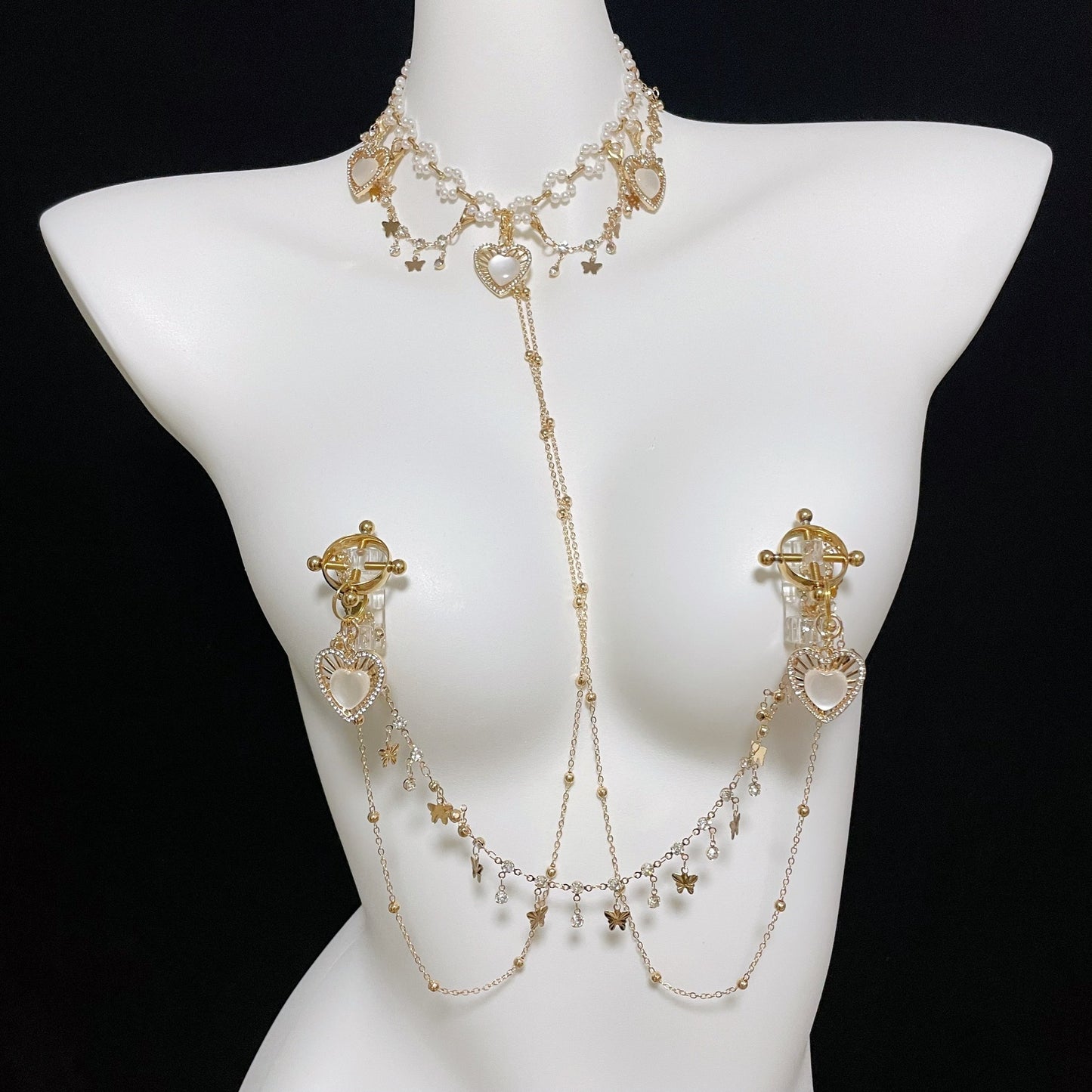 Luxury Gold Body Chain Harness with Sexy Nipple Clamps Bondage Set