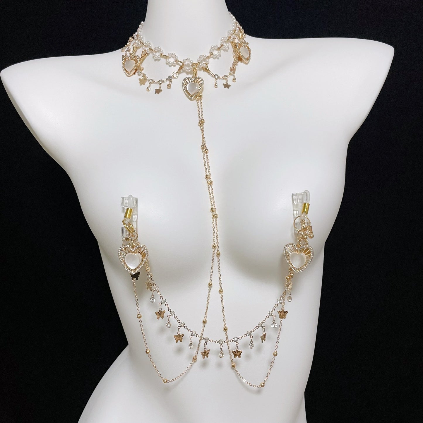 Luxury Gold Body Chain Harness with Sexy Nipple Clamps Bondage Set