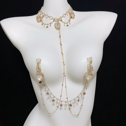 Luxury Gold Body Chain Harness with Sexy Nipple Clamps Bondage Set